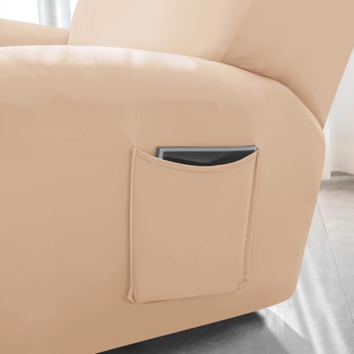 Image of HOKIPO 'SereneSolids' 140 GSM 4-Pieces Super Stretch Recliner Chair Cover 1 Seater Fully Covered Washable Furniture Protector, Beige (NEW-4740-BGE)