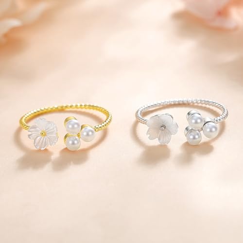 Elegant Shell Pearl Flower Adjustable Open Ring for Women 925 Sterling Silver 14k Golden Plated Faux Pearl Blossom Stacking Statment Rings Wedding Engagement Promise Finger Bands Fashion Jewelry Gifts4