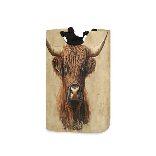 Jihqo Laundry Hamper Basket Vintage Highland Cow Collapsible Nursery Storage Bin Waterproof Clothing Baskets for Home Bedroom Bathroom Washing Room