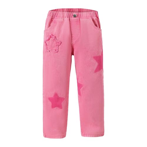 Kids Girls Denim Pants Pink Star Pattern Elastic Waist Casual Pants 4-7 Years 90-130cm
