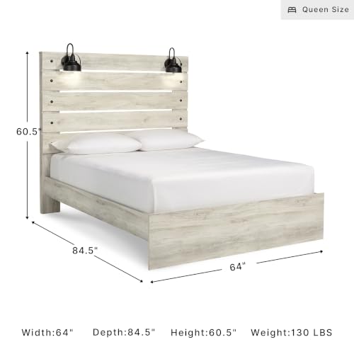 Image of Signature Design by Ashley Cambeck Queen Panel Bed Frame with Headboard, Built-in LED Lights and USB Ports, Engineered Wood and Decorative Laminate, for Master Bedroom or Guest Rooms, Whitewash
