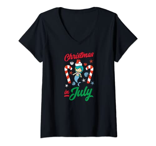 Womens Christmas In July Party Mermaid Matching Family Vacation V-Neck T-Shirt