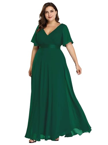Image of Ever-Pretty Women's Chiffon Formal Evening Dresses for Curvy Women V-Neck Plus Size Floor Length Bridesmaid Dress Dark Green 22