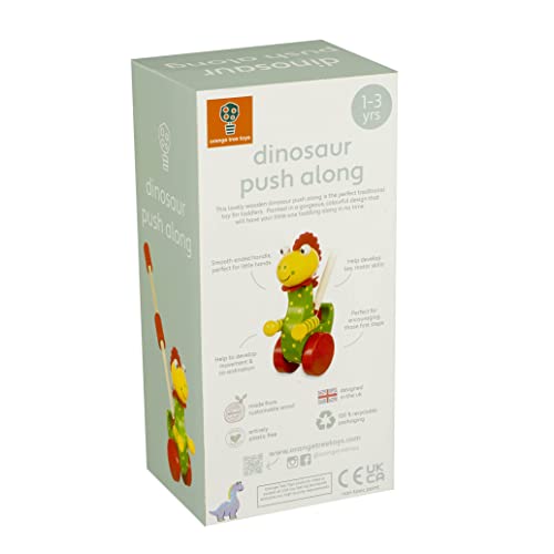 Image of Orange Tree Toys Dinosuar Push Along in Box | Hand Painted Colorful Wooden Toy for Toddlers Age 12m+, Sustainably Made, Perfect for Encouraging First Steps and Developing Key Motor Skills
