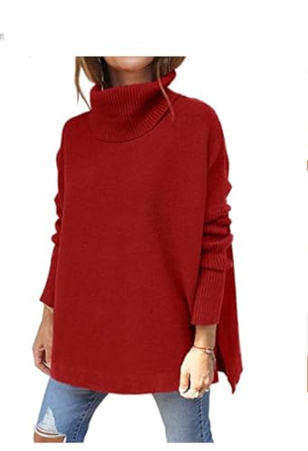 Placitiume Maglione a collo alto oversize da donna, a maniche lunghe, asimmetrico, con orlo spaccato, per l'inverno casual, Rosso, XXL