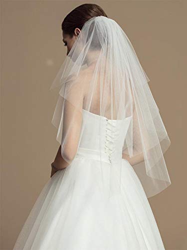Unsutuo 2 Layer Wedding Veil Short Bridal Veil Fingertip Length Tulle Veils with Comb and Cut Edge (Ivory)