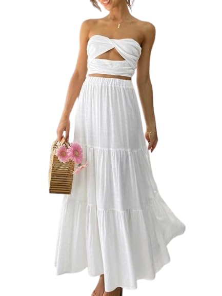 PINKHUB Women’s Summer Ruffle Hem Long Skirt Women Plain and Pleated Skirt White PINKHUB Women’s Summer Ruffle Hem Long Skirt Women Plain and Pleated Skirt White