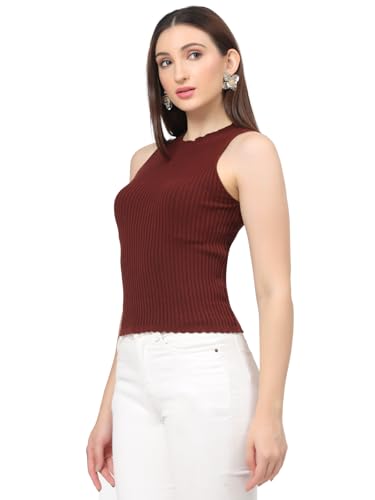 Image of Kalt Womens Knitted, Ribbed Cotton Fitted Sleeveless Round Neck Cami Tank Top