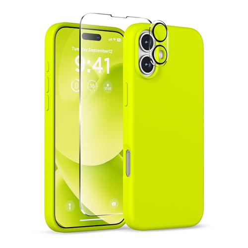 Image of Magnetic for iPhone 16 Case, Compatible with MagSafe, Liquid Silicone Phone Cover with Screen Protector & Camera Protector, Soft Anti-Scratch Microfiber Lining Inside 6.1 inch, Neon Yellow