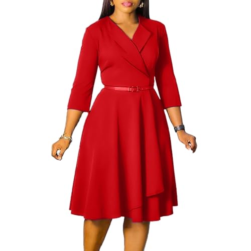 Image of Elainone Women 3 /4 Sleeve Casual Swing Flared A Line Dress Wedding Guest Semi Formal Office Work Dresses with Belt