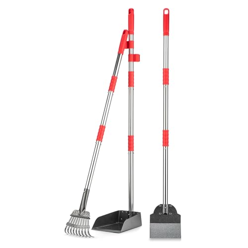 FUSBUNTY Dog Pooper Scooper, Long Handle Pooper Set with Heavy Duty Stainless Steel Rake, Tray & Spade and 28