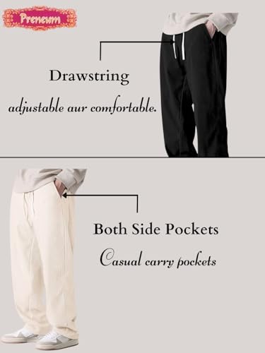 Image of Preneum Men Mid Rise Poly Cotton Loose Fit Trouser|Korean Style Travel & Lounge Wear with Pockets (Available in Plus Size)