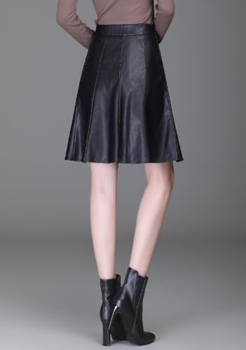 chouyatou Women's High Waisted Faux Leather Pleated Skirt A Line Knee Length Business Casual Midi Skirt3