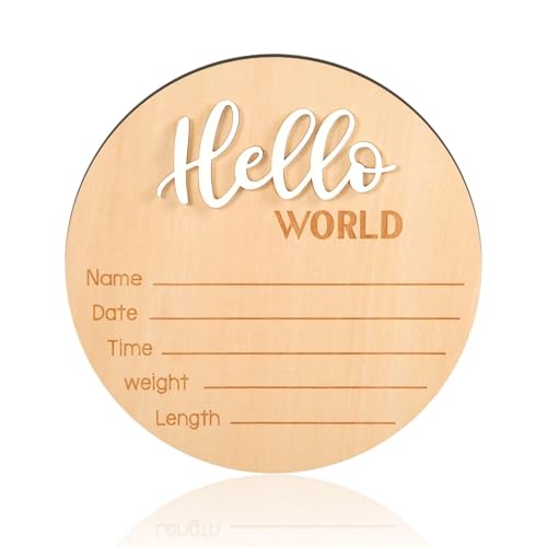 Image of Wooden Hello World Newborn Sign - 5.9 Inch Birth Announcement Plaque for Photo Props, Baby Shower, Hospital Nursery