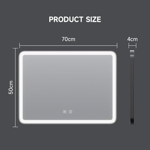 Warmiehomy Bathroom Mirror with LED Lights,50x70cm Rectangular LED Illuminated Bathroom Mirror with Dimmable Light Demister Pad Touch Switch,Black - Cosy Home Interiors Warmiehomy Bathroom Mirror with LED Lights,50x70cm Rectangular LED Illuminated Bathroom Mirror with Dimmable Light Demister Pad Touch Switch,Black - Image 7