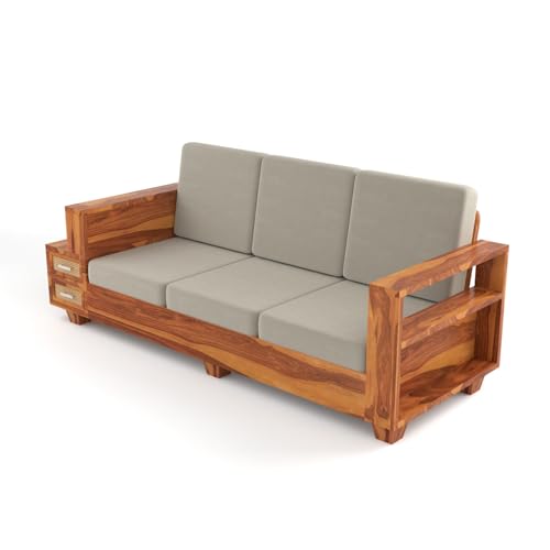 Image of Sheesham Wood 3 Seater Sofa | 3 Seater Sofa with 2 Drawer Storage | Wooden Sofa Set Furniture for Living Room Home Office (Natural Cane,Honey Finish)
