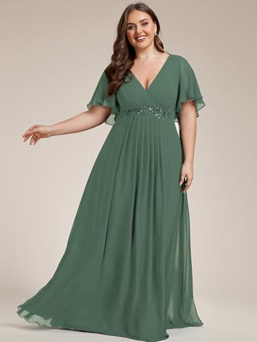 Image of Ever-Pretty Short Sleeves V Neck Plus Size Formal Dresses for Curvy Women Chiffon Mother of The Bride Dress Evening Gowns