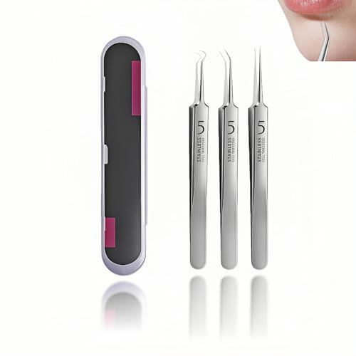 Professional Blackhead Remover Tweezers Set Stainless Steel Pimple Extractor Tool Kit with Straight Angled and Curved Tips 3 Piece Set with Storage Case