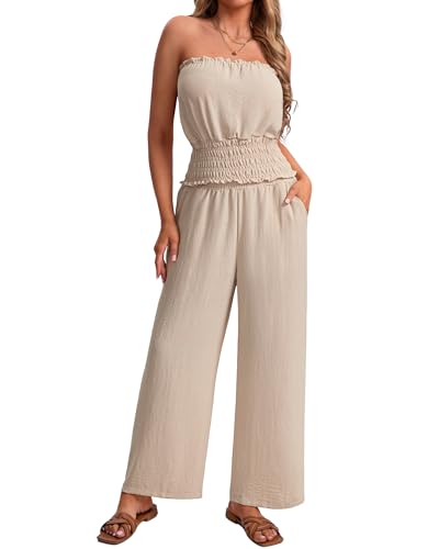 IEEILULU Women 2 Piece Sets Summer Strapless Tube Tops and Wide Leg Pants Set Ruffle Beach Vacation Outfits (Beige, XL) - image 1
