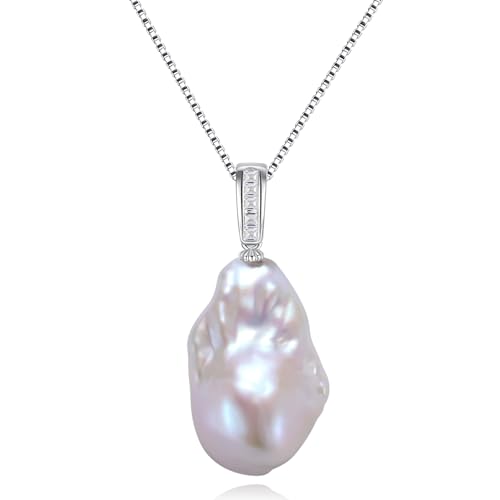 Baroque Pearl Pendant Necklace, Freshwater/Saltwater Cultured Pearl 13-15mm, 925 Sterling Silver Necklace, 18K White Gold Plated Adjustable Chain 18+2IN, Jewelry Gifts for Women