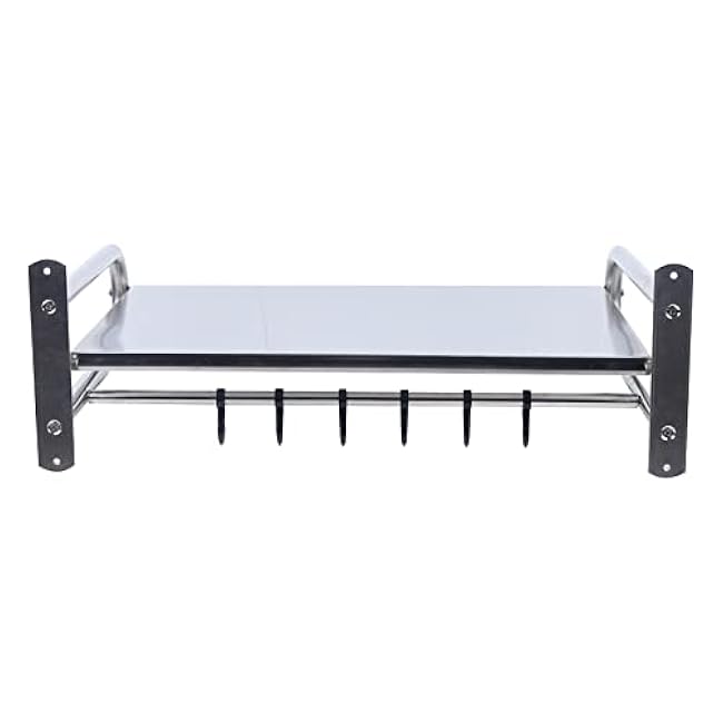 Wall-Mounted Microwave Shelf Microwave Oven Rack Kitchen Utensils Wall Shelf Metal Over Oven Shelf With 6 Hook Multifunctional Storage Bracket Sliver£¨20.87x14.96x7.09inch