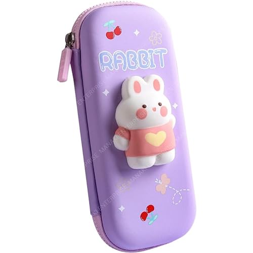 Image of Invite Enterprise 3D Polyester Cartoon Theme Pencil Case Pouch - Multipurpose Zipper Bag for Kids, Girls - Stationery Storage Box (Rabbit Small) - Purple