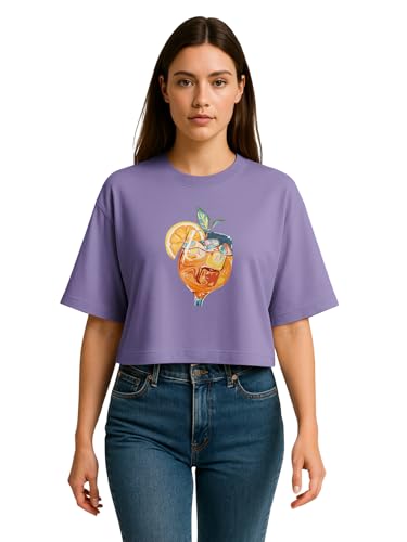 Image of HELLCAT Beige Printed Loose Fit Crew-Neck Crop T-Shirt for Women