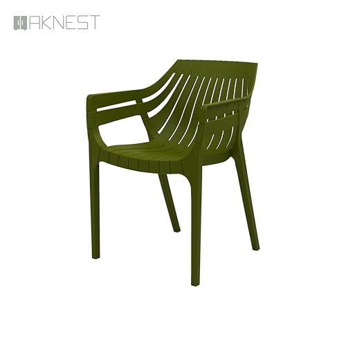 Image of OAKNEST Supreme Spectrum Plastic Arm Chair - Modern Slatted Stackable Chair for Living Room, Dining, Garden, Balcony, Restaurant & Cafe | Indoor Outdoor Designer Chair, Set of 4, Mehandi Green