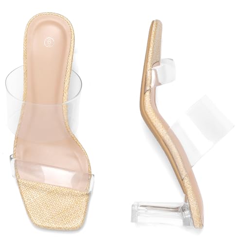 Image of mysoft Women's Clear Heels Square Toe Chunky Block Heel Sandals | 3 Inch Block Heel, Two Clear Straps, Slip On, Square Open Toe, Comfortable, Lightweight, Daily Walking, Party, Summer Dressy