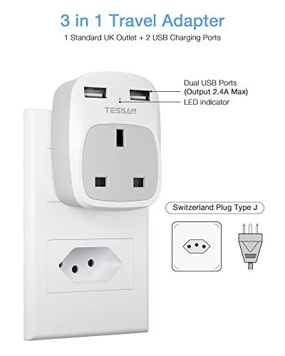 UK to Swiss Plug Adapter 2 Pack, TESSAN UK to Switzerland Plug with 2 USB, Grounded Type J Swiss Adapter - Image 3