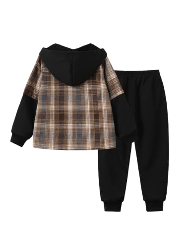 Image of 2Pcs Kids Boys Flannel Plaid Shirt Tops Pants Set Hoodie Sweatsuit for Fall Winter Spring Outfits 4-12 Years