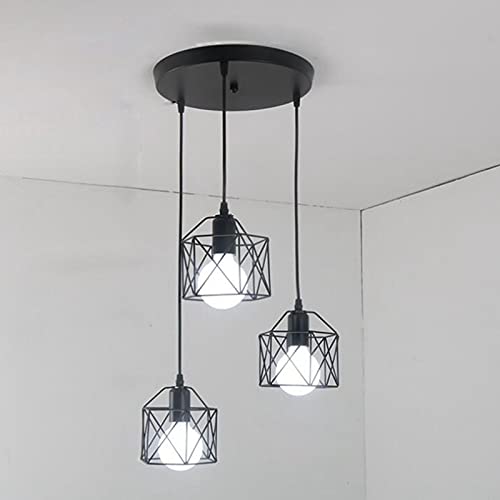 Chandelier à cage rétro industriel en métal noir à 3 lampes E27