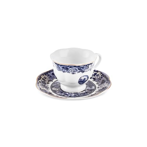 KARACA Blue Odyssey V2 12-Piece Turkish Coffee Cups Set of 6 People, 80ml, Bone China Espresso/Turkish Coffee Set, Intricate Floral Design, Dishwasher Safe
