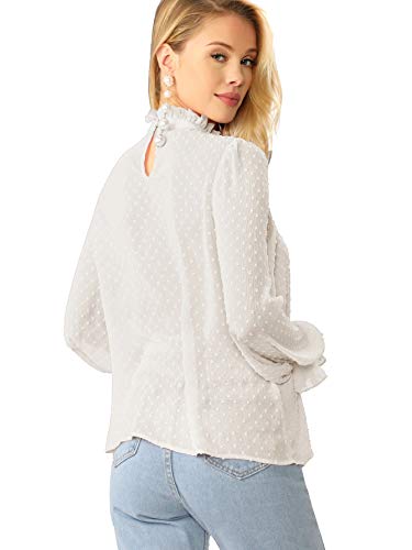 Verdusa Women's Elegant Ruffle Trim Long Sleeve Buttoned Front Jacquard Blouse White L #TOP1
