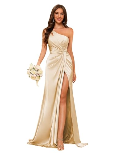 Image of vintys Women's One Shoulder Ruched Bridesmaid Dresses Long with Slit Satin Formal Prom Dress VS117