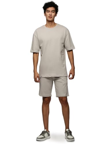Image of SHOWOFFFF Men Solid Two-Piece Co Ords | Round Neck Half Sleeves Cotton Co Ords for Mens | Mid-Rise Regular Fit Above Knee Co Ords for Men's
