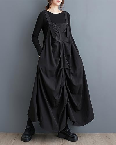 ellazhu Women's Vest Dress Irregular Hem Solid Black Strap Shoulder Buttoned Loose Oversize Fall GZ262 A3