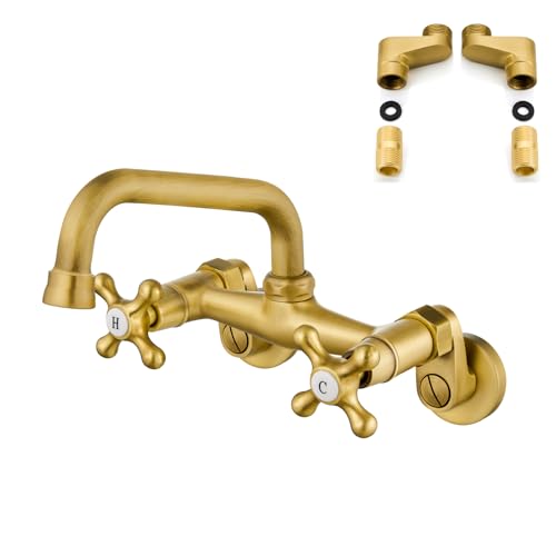 Airuida Wall Mounted Kitchen Faucet Antique Brass Tap for Kitchen Sink 6 Inch(15cm) Spout Reach 6 Inch Center Adjustable Center Double Cross Handles Restaurant Mixer Tap 360 Rotatable Faucet