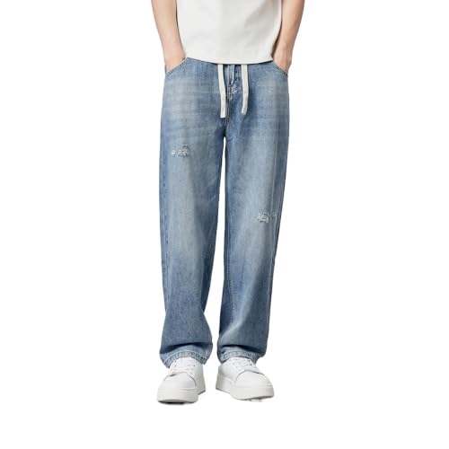 Drawstring Loose Jeans with Distressed Craftsmanship Casual Pants(3X-Large) Blue3