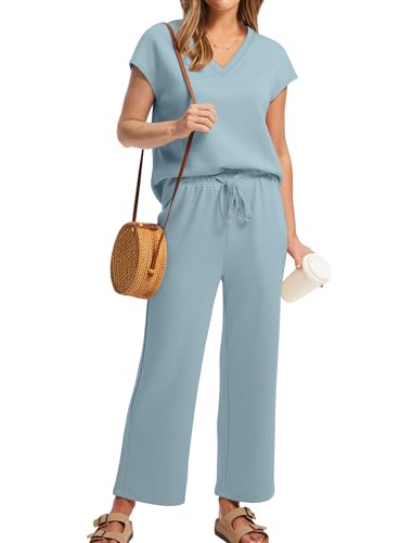 Image of Saloogoe Two Piece Sets for Women Summer Outfits Lounge Sets V Neck Tops Wide Leg Pants Woman Vacation Travel Outfits