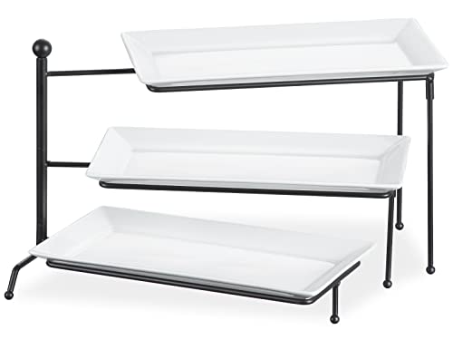 ONEMORE 3 Tier Serving Tray - Foldable Swivel Food Display Stand with Ceramic Serving Platters - White