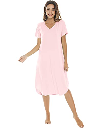 Nachila Womens Bamboo Nightgown V Neck Loungewear Short Sleeve Sleepwear Side Slit Soft Nightwear Pink S #TOP20