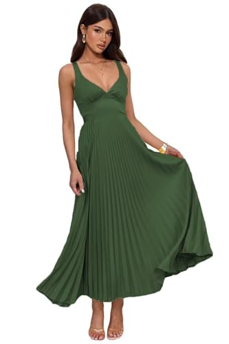 Pleated Satin Bridesmaid Dresses for Women Tea Length Midi Prom Dress V-Neck Long Formal Evening Party Gown for Wedding