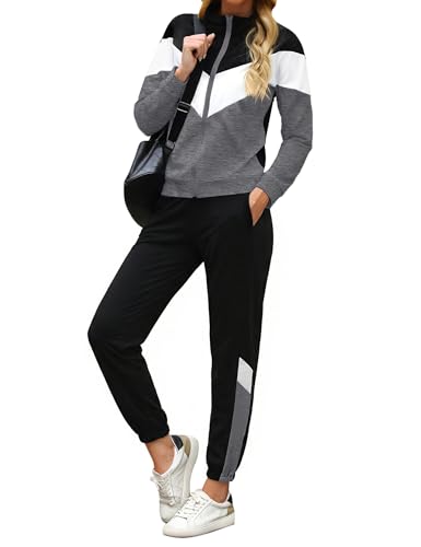 Marvmys Streatwear Trainingsanzüge Damen Sportanzüge Jogginganzug Zweiteiler Farbkontrast Langarm Reißverschluss Outfit Sport Bekleidungsset Dunkelgrau M