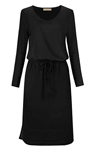 Guosurelly Womens Elegant Fall Long Sleeve Tie-Belt Modest Midi Work Casual Dress Knee Length with Pockets Fashion(Black,Large)