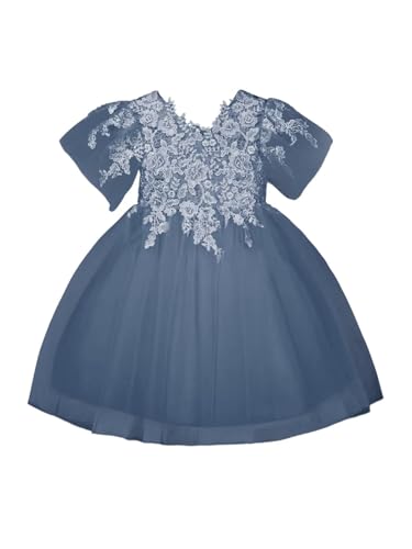 Lace Applique Flower Girl Dress for Wedding Bow Knot Tulle Short Sleeves Knee-Length V-Back Tutu Ball Gowns2