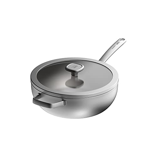 Berghoff Graphite Wok Pan 11', 5.2qt., Recycled 18/10 Stainless Steel, Glass Lid, Induction Pan, Measurement Markings Inside, Fast Heating