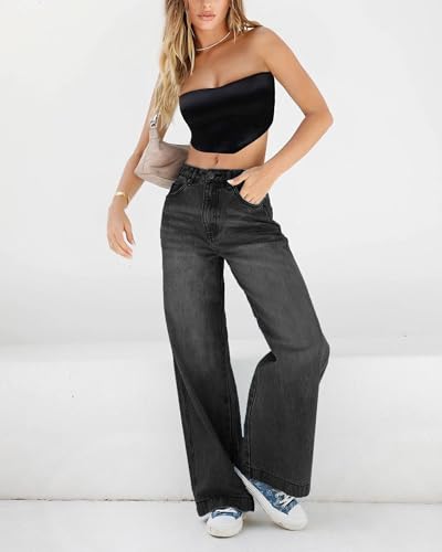 EMMIOL Women's Wide Leg Jeans Distress Mid Waist Denim Pants Vintage Y2K Trousers Black2