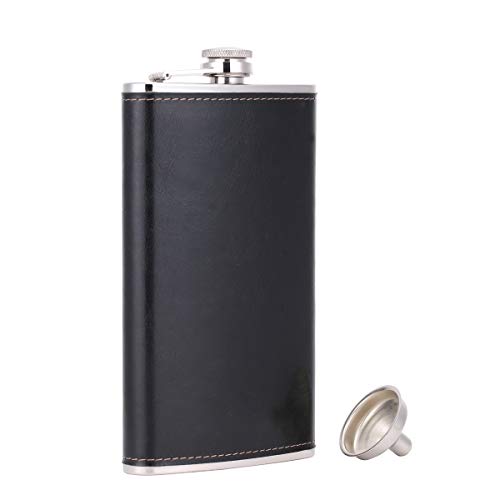TANEAXON 12 oz/340 ml Fiaschetta in Nero Pelle Artificiale con Imbuto e Scatola, in Acciaio INOX e a Prova di Perdite