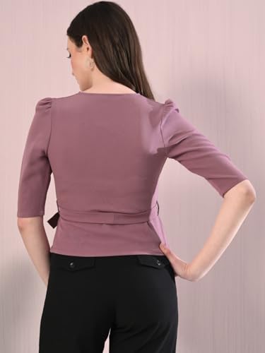 Image of Elegant Wrap Blouse for Women - Deep Neck Knot Design, Slim Fit Crop Style, Classy & Trendy Chic Fashionable Outfit for Casual